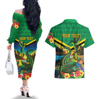 Jamica Hummingbird and Crocodiles Personalized Couples Matching Off The Shoulder Long Sleeve Dress and Hawaiian Shirt