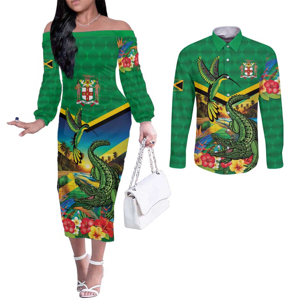 Jamica Hummingbird and Crocodiles Personalized Couples Matching Off The Shoulder Long Sleeve Dress and Long Sleeve Button Shirt