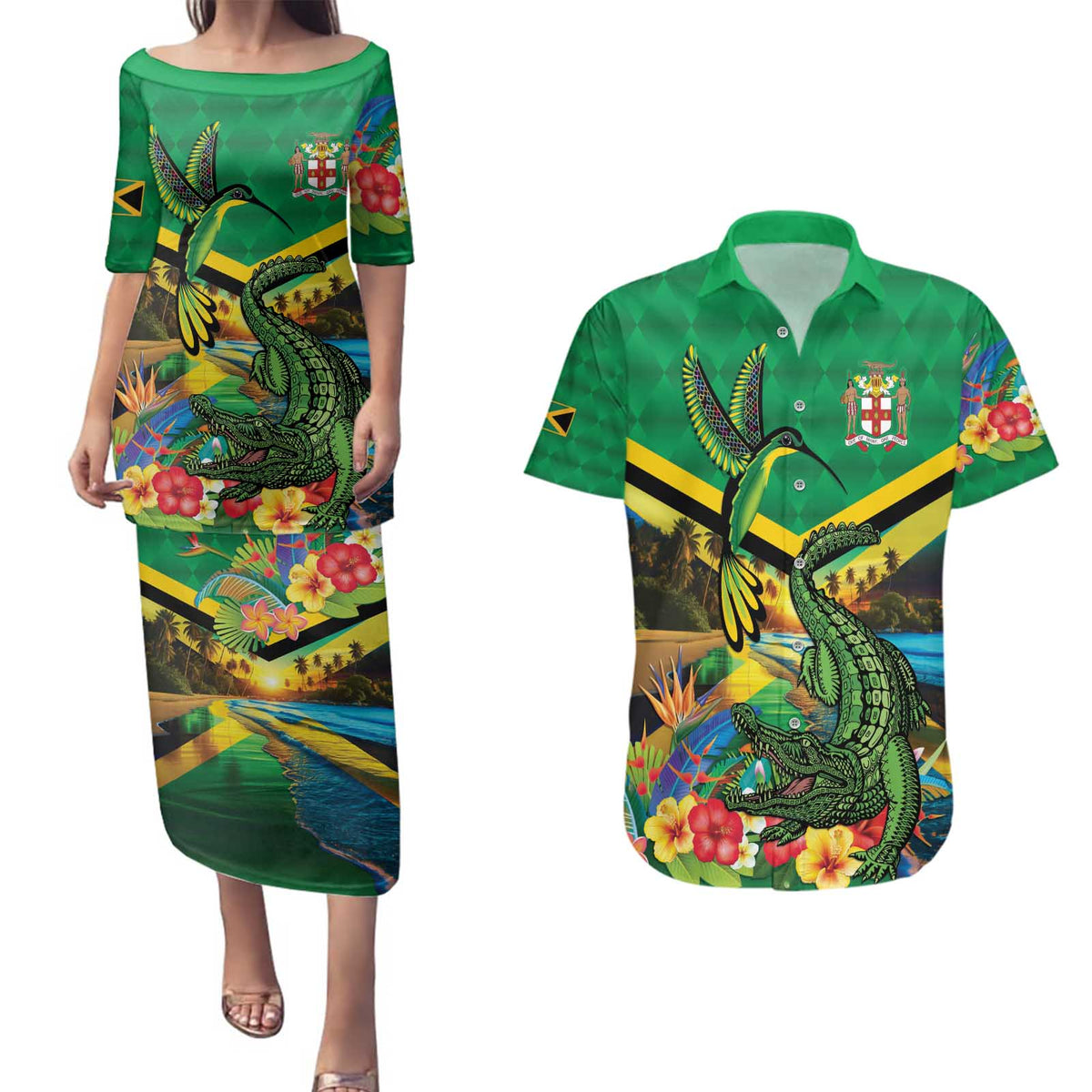 Jamica Hummingbird and Crocodiles Personalized Couples Matching Puletasi and Hawaiian Shirt