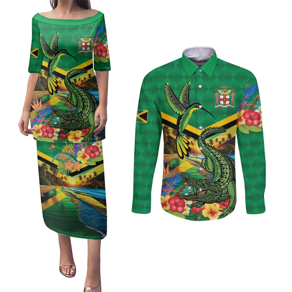 Jamica Hummingbird and Crocodiles Personalized Couples Matching Puletasi and Long Sleeve Button Shirt