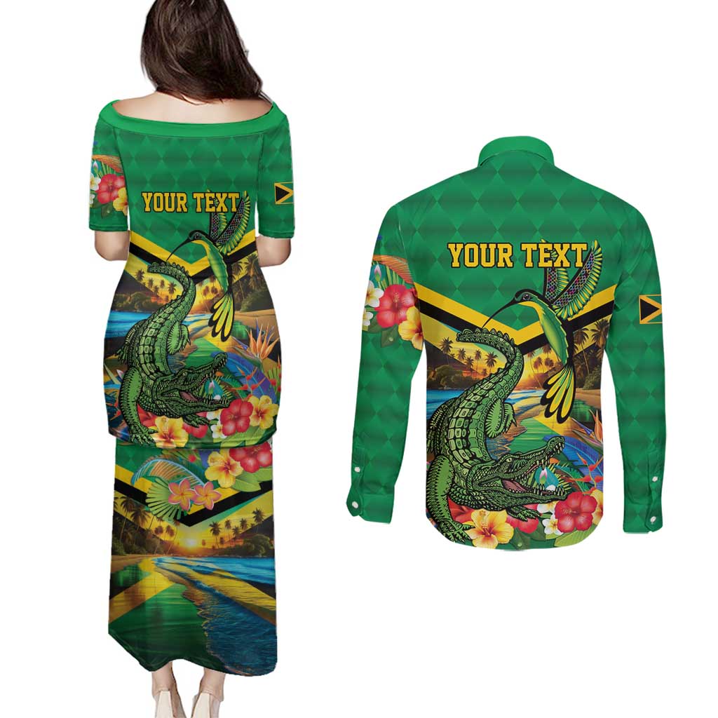 Jamica Hummingbird and Crocodiles Personalized Couples Matching Puletasi and Long Sleeve Button Shirt