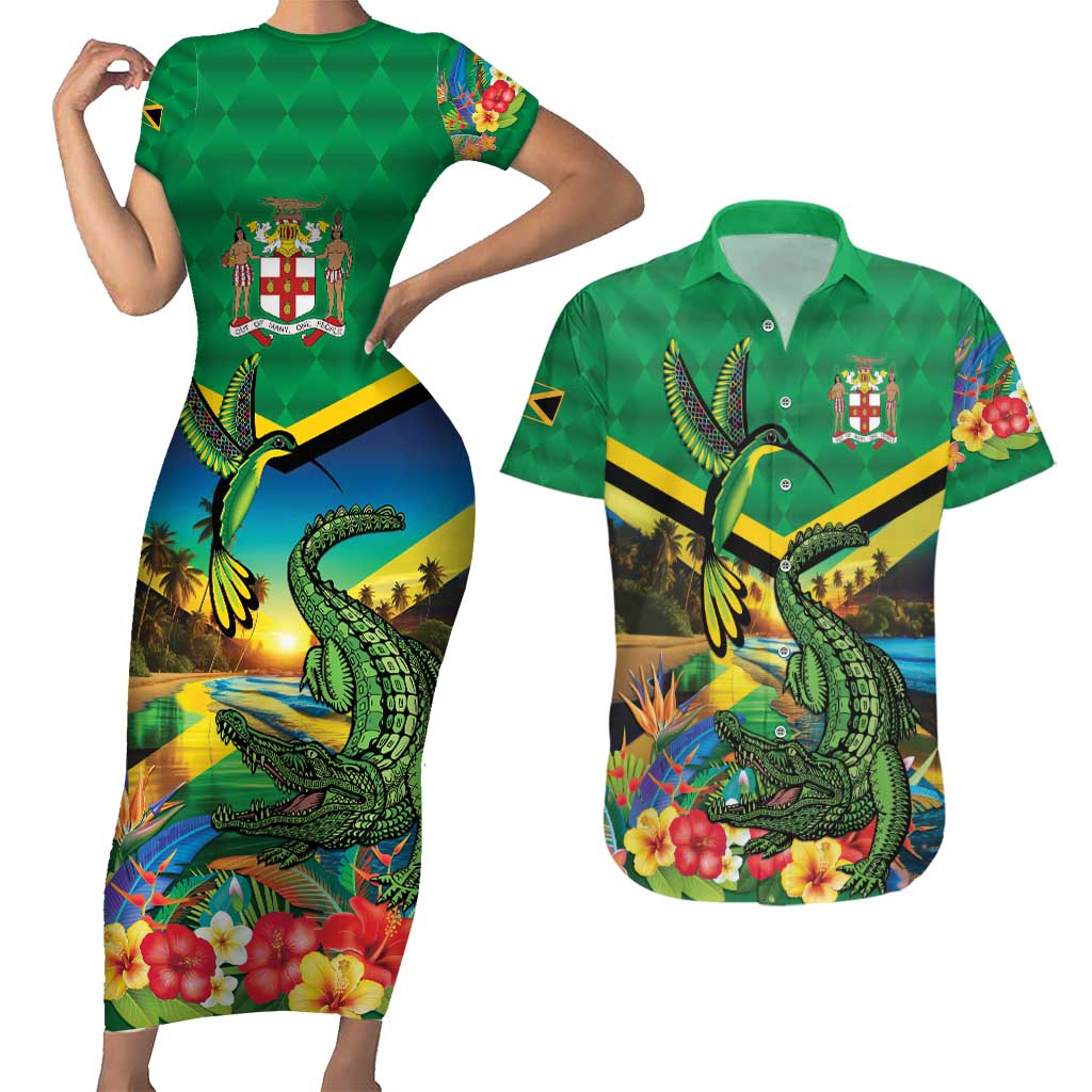 Jamica Hummingbird and Crocodiles Personalized Couples Matching Short Sleeve Bodycon Dress and Hawaiian Shirt