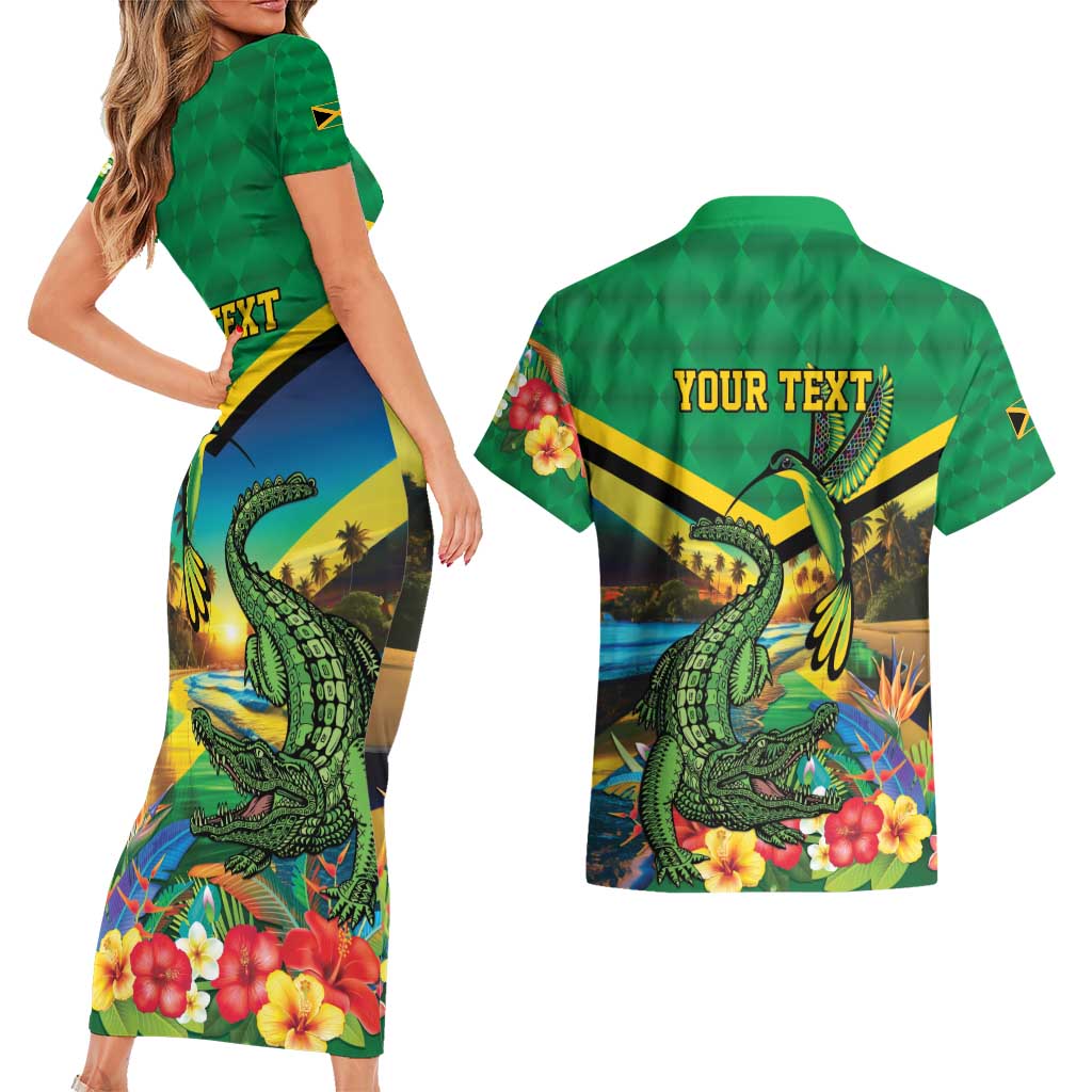 Jamica Hummingbird and Crocodiles Personalized Couples Matching Short Sleeve Bodycon Dress and Hawaiian Shirt