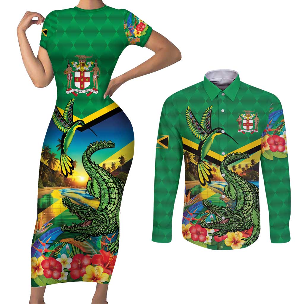Jamica Hummingbird and Crocodiles Personalized Couples Matching Short Sleeve Bodycon Dress and Long Sleeve Button Shirt