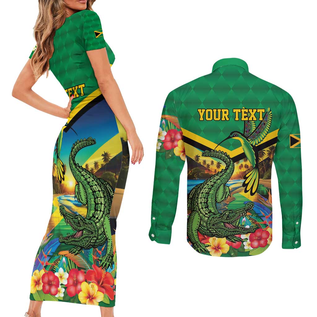 Jamica Hummingbird and Crocodiles Personalized Couples Matching Short Sleeve Bodycon Dress and Long Sleeve Button Shirt