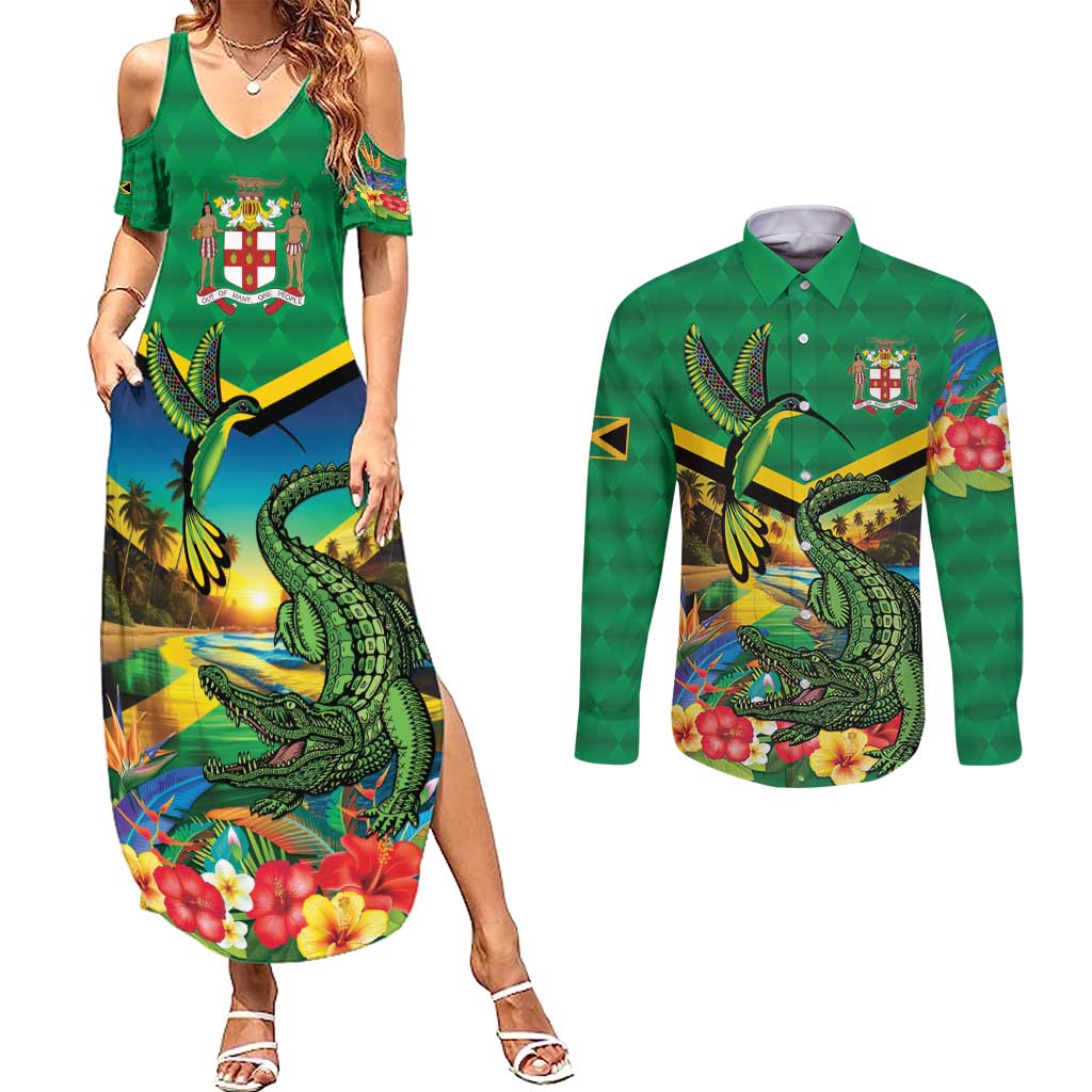 Jamica Hummingbird and Crocodiles Personalized Couples Matching Summer Maxi Dress and Long Sleeve Button Shirt