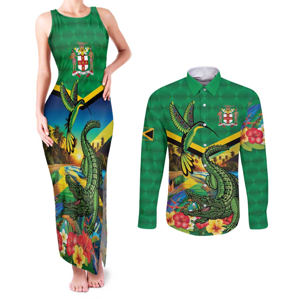 Jamica Hummingbird and Crocodiles Personalized Couples Matching Tank Maxi Dress and Long Sleeve Button Shirt