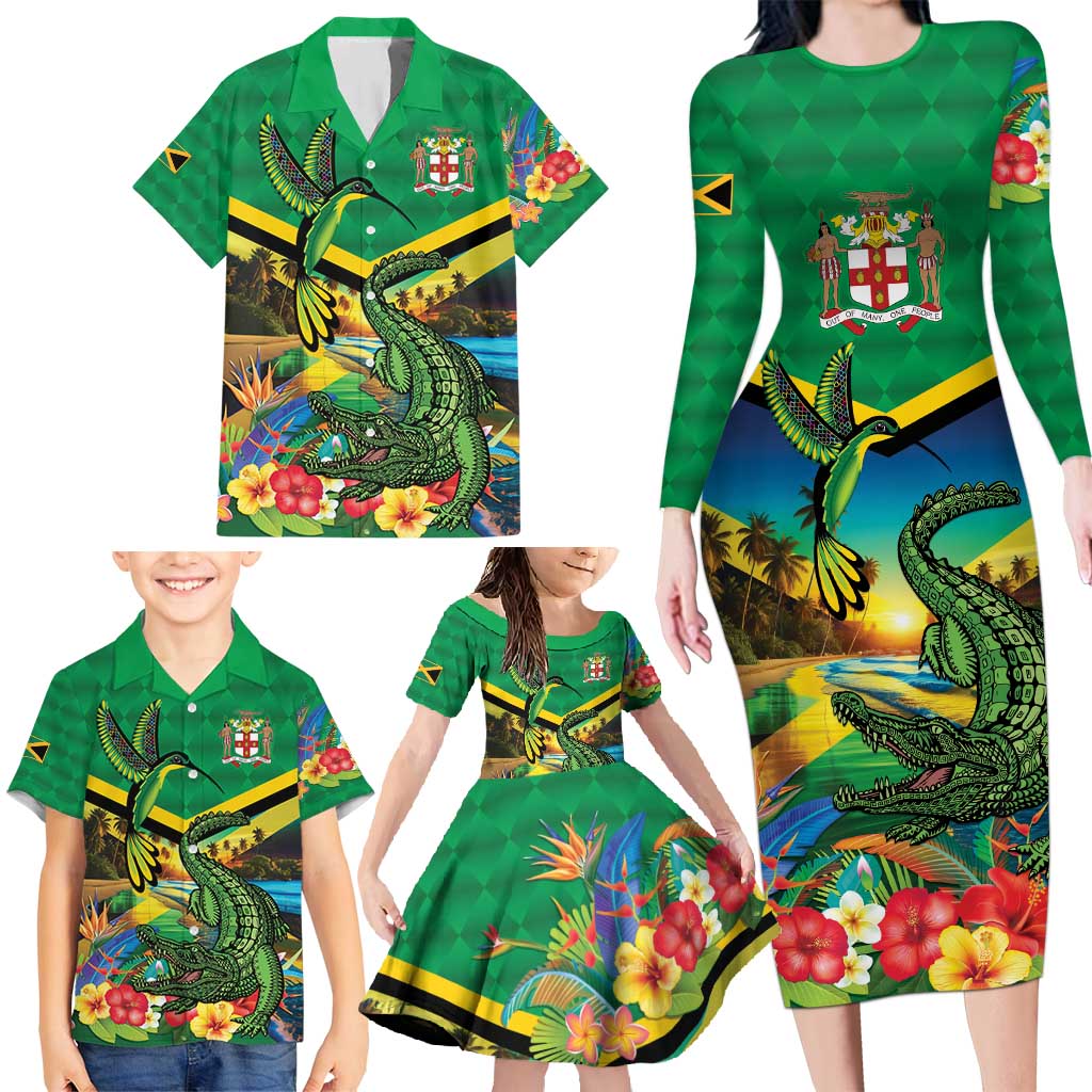 Jamica Hummingbird and Crocodiles Personalized Family Matching Long Sleeve Bodycon Dress and Hawaiian Shirt