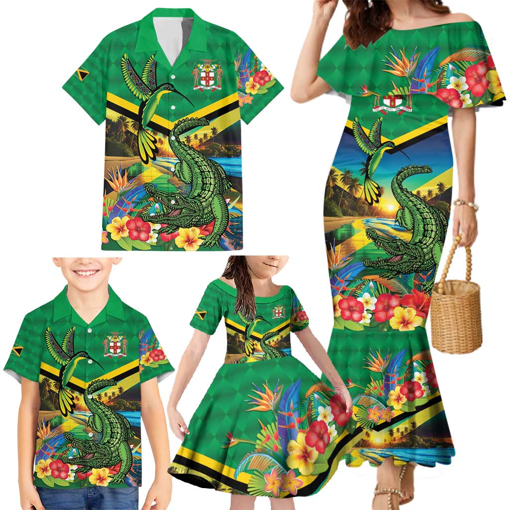 Jamica Hummingbird and Crocodiles Personalized Family Matching Mermaid Dress and Hawaiian Shirt