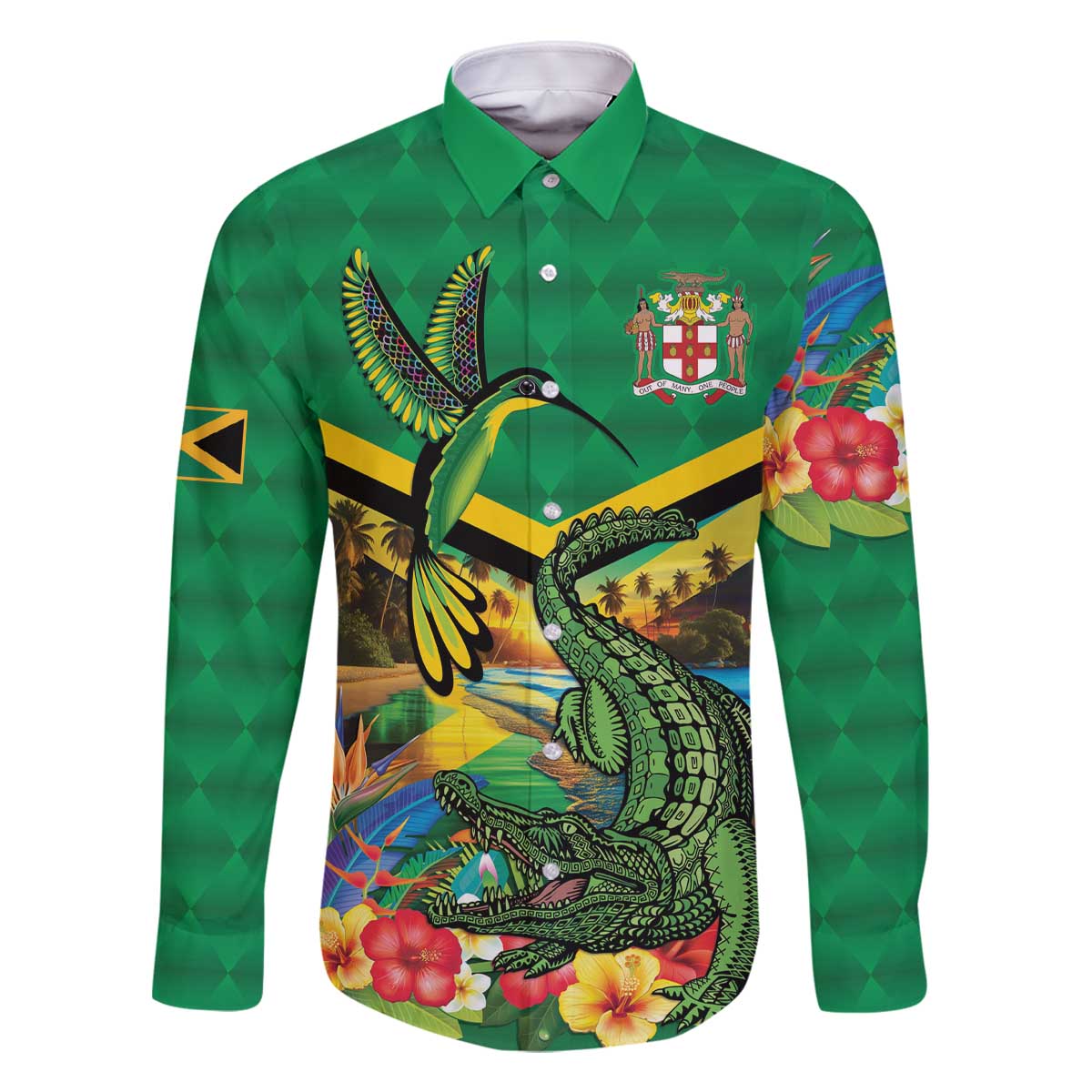 Jamica Hummingbird and Crocodiles Personalized Family Matching Off The Shoulder Long Sleeve Dress and Hawaiian Shirt