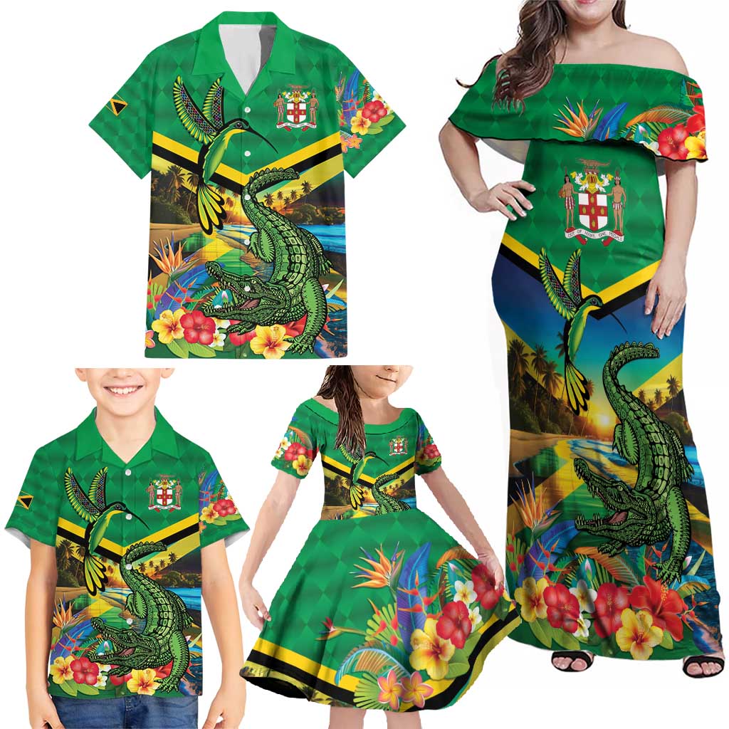 Jamica Hummingbird and Crocodiles Personalized Family Matching Off Shoulder Maxi Dress and Hawaiian Shirt