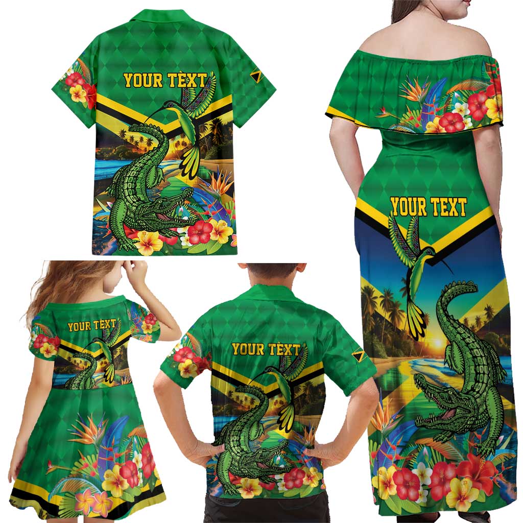 Jamica Hummingbird and Crocodiles Personalized Family Matching Off Shoulder Maxi Dress and Hawaiian Shirt