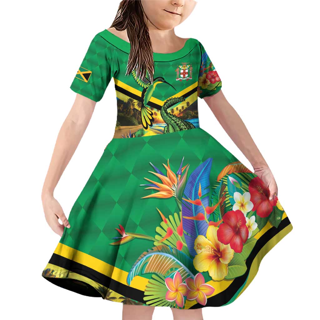 Jamica Hummingbird and Crocodiles Personalized Family Matching Off Shoulder Short Dress and Hawaiian Shirt