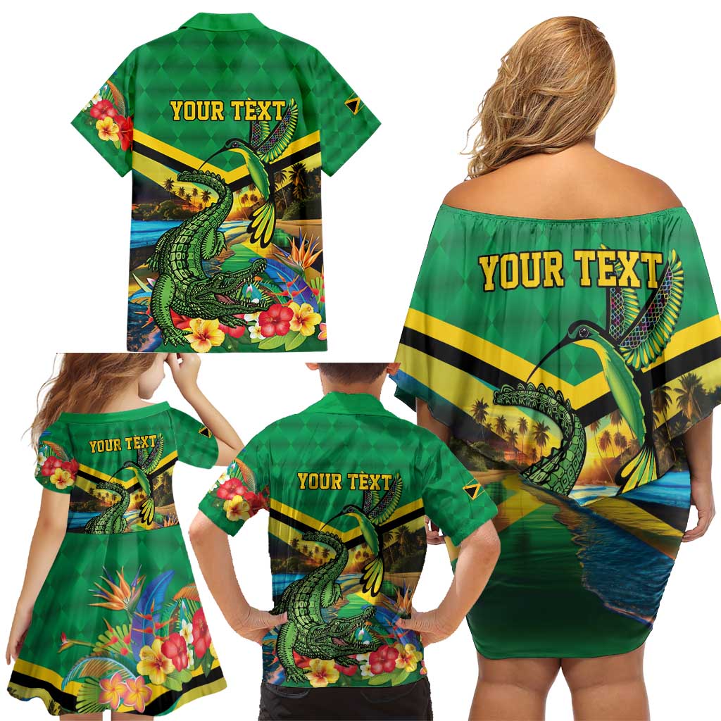 Jamica Hummingbird and Crocodiles Personalized Family Matching Off Shoulder Short Dress and Hawaiian Shirt