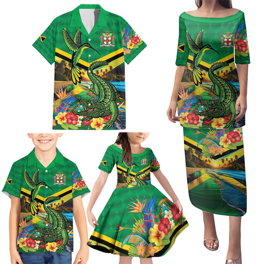 Jamica Hummingbird and Crocodiles Personalized Family Matching Puletasi and Hawaiian Shirt