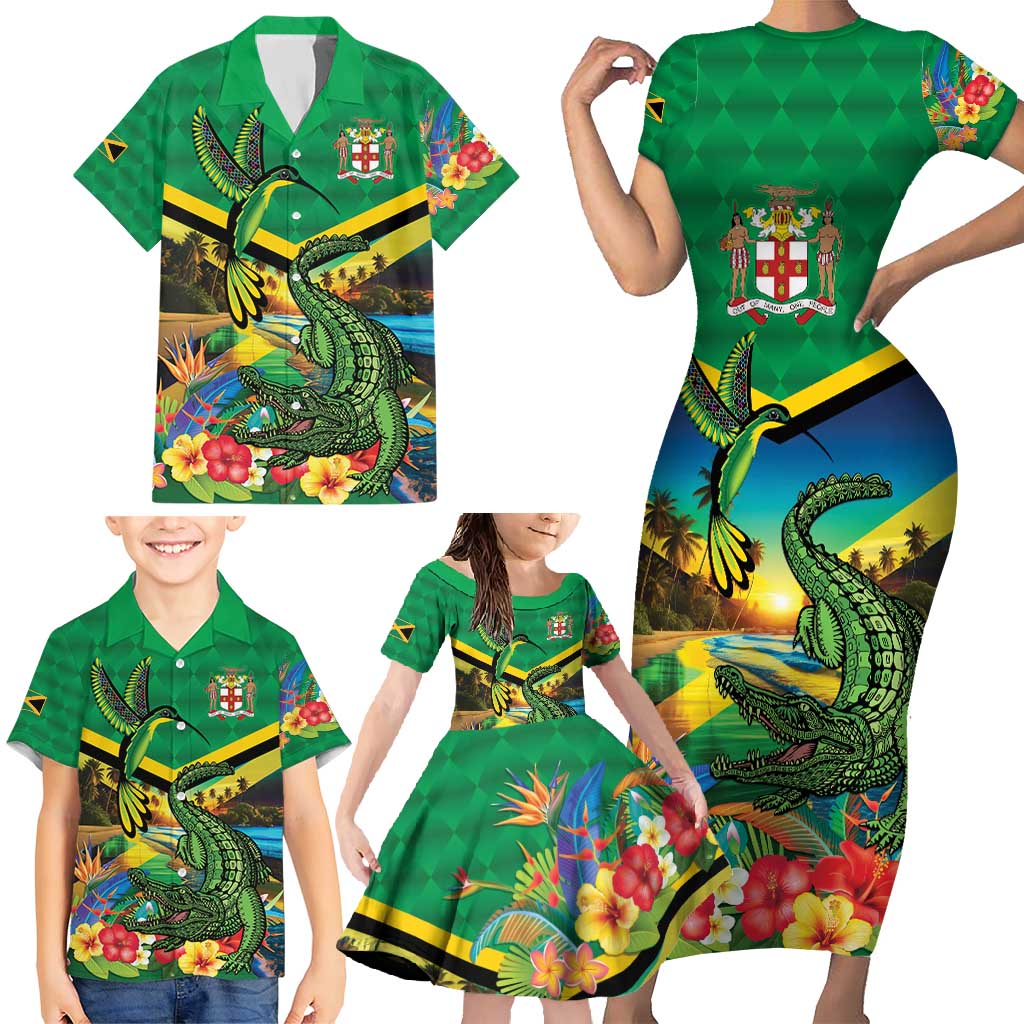 Jamica Hummingbird and Crocodiles Personalized Family Matching Short Sleeve Bodycon Dress and Hawaiian Shirt