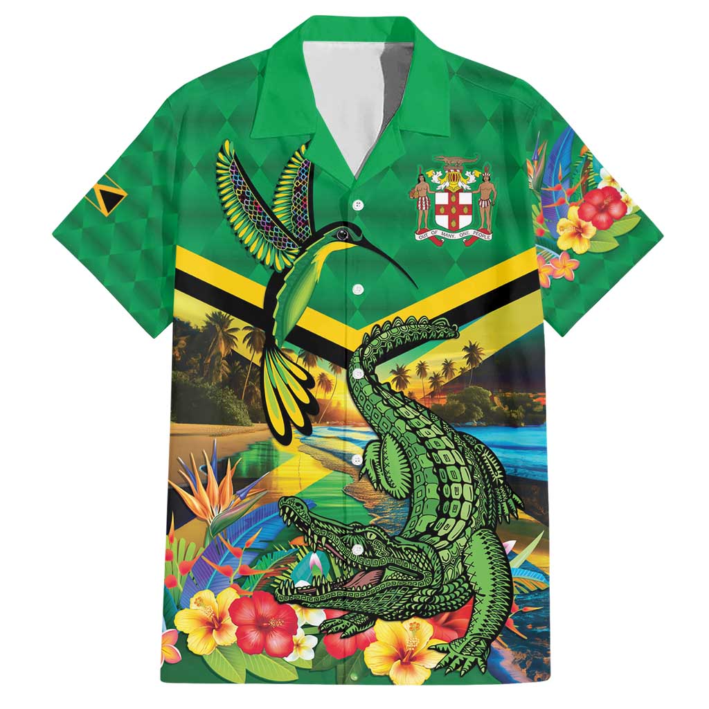 Jamica Hummingbird and Crocodiles Personalized Family Matching Short Sleeve Bodycon Dress and Hawaiian Shirt