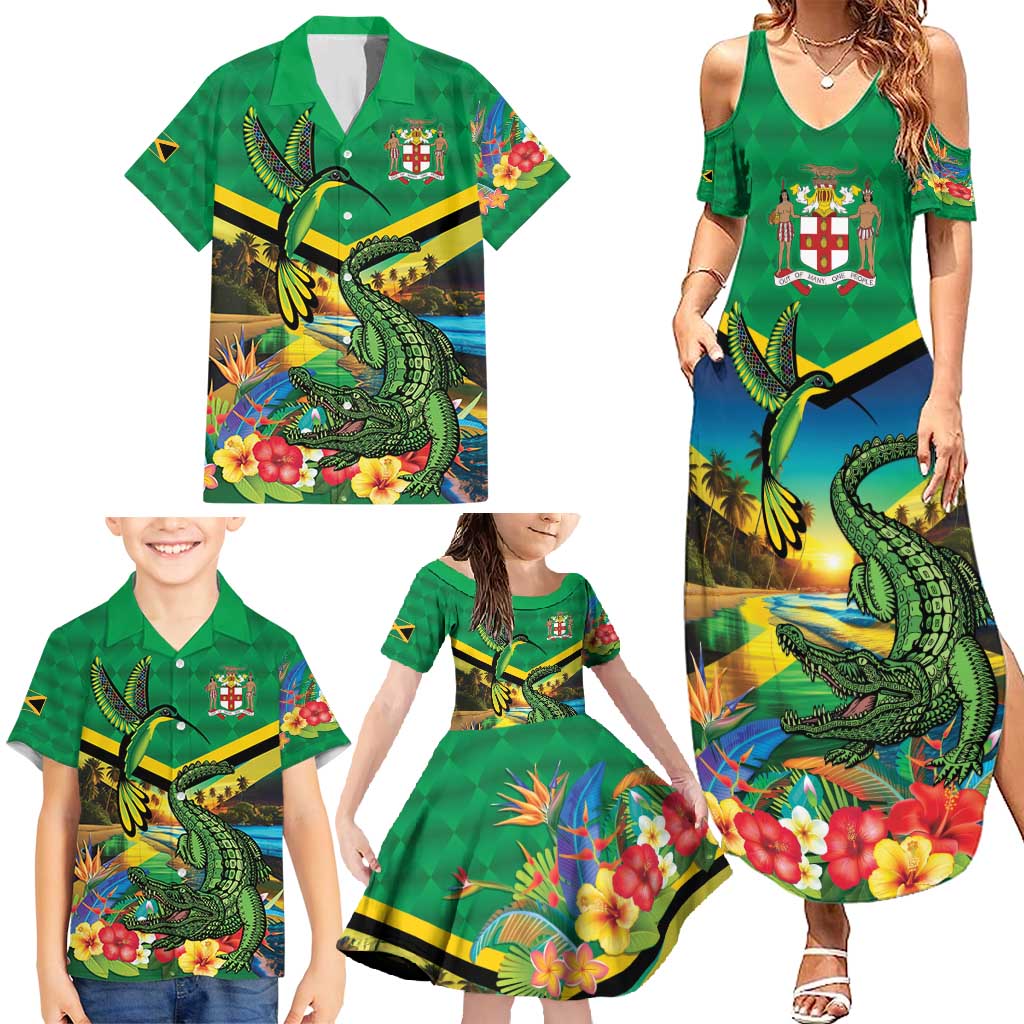 Jamica Hummingbird and Crocodiles Personalized Family Matching Summer Maxi Dress and Hawaiian Shirt