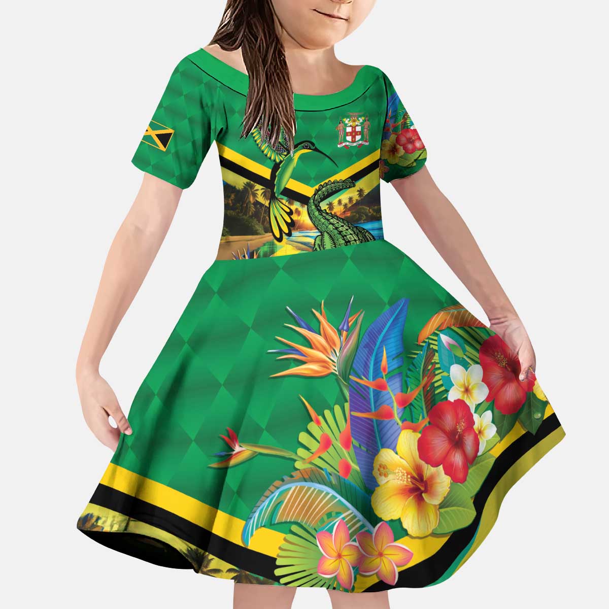 Jamica Hummingbird and Crocodiles Personalized Kid Short Sleeve Dress