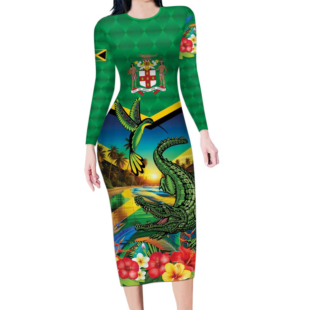 Jamica Hummingbird and Crocodiles Personalized Long Sleeve Bodycon Dress