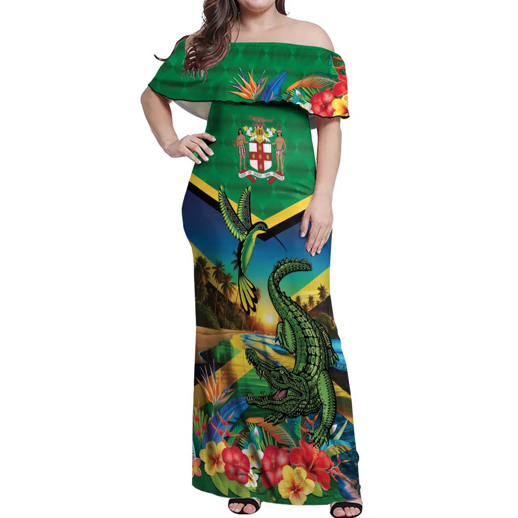Jamica Hummingbird and Crocodiles Personalized Off Shoulder Maxi Dress