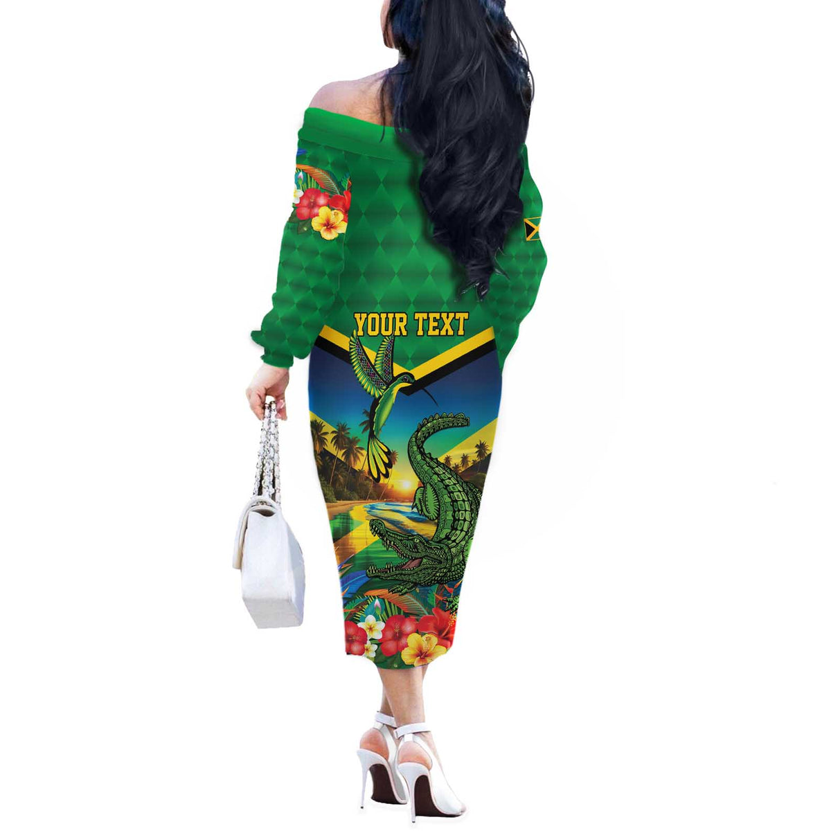 Jamica Hummingbird and Crocodiles Personalized Off The Shoulder Long Sleeve Dress