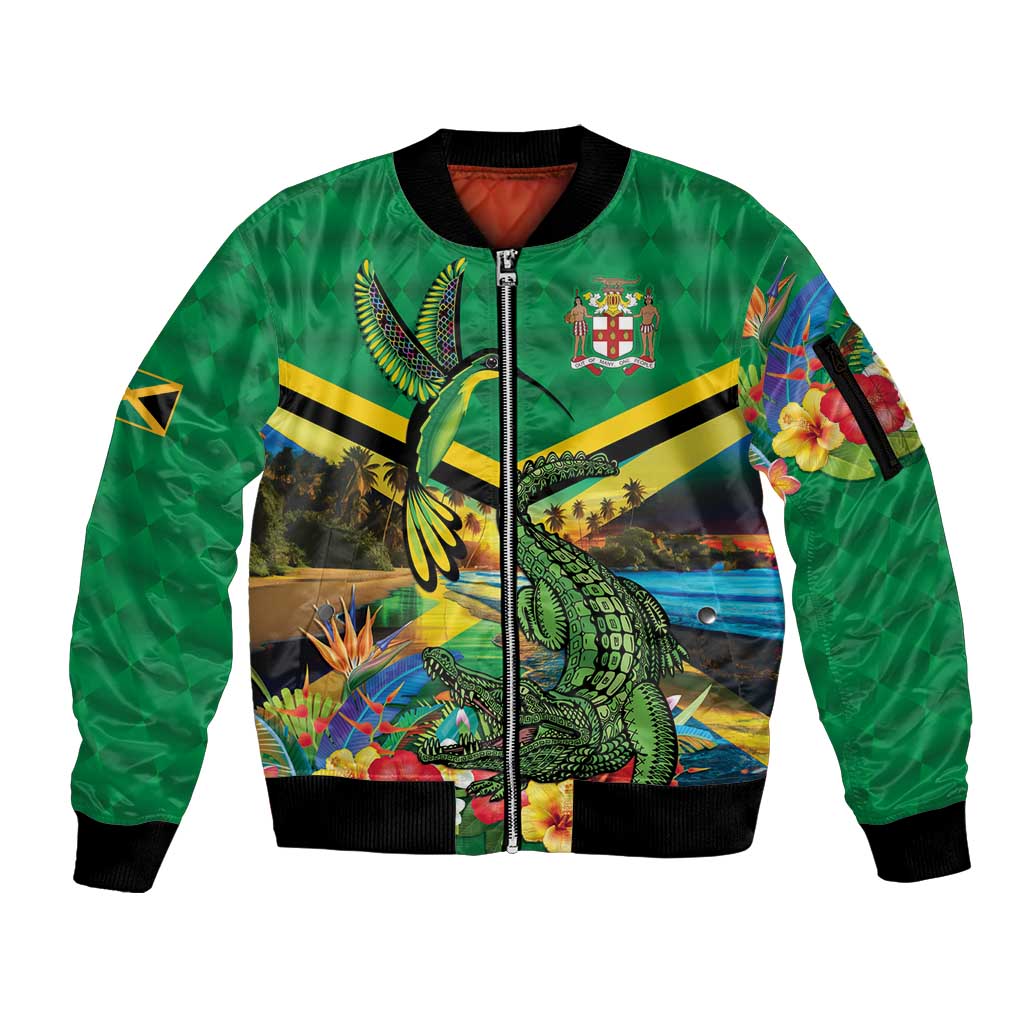 Jamica Hummingbird and Crocodiles Personalized Sleeve Zip Bomber Jacket