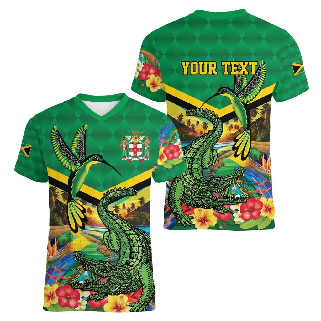 Jamica Hummingbird and Crocodiles Personalized Women V-Neck T-Shirt