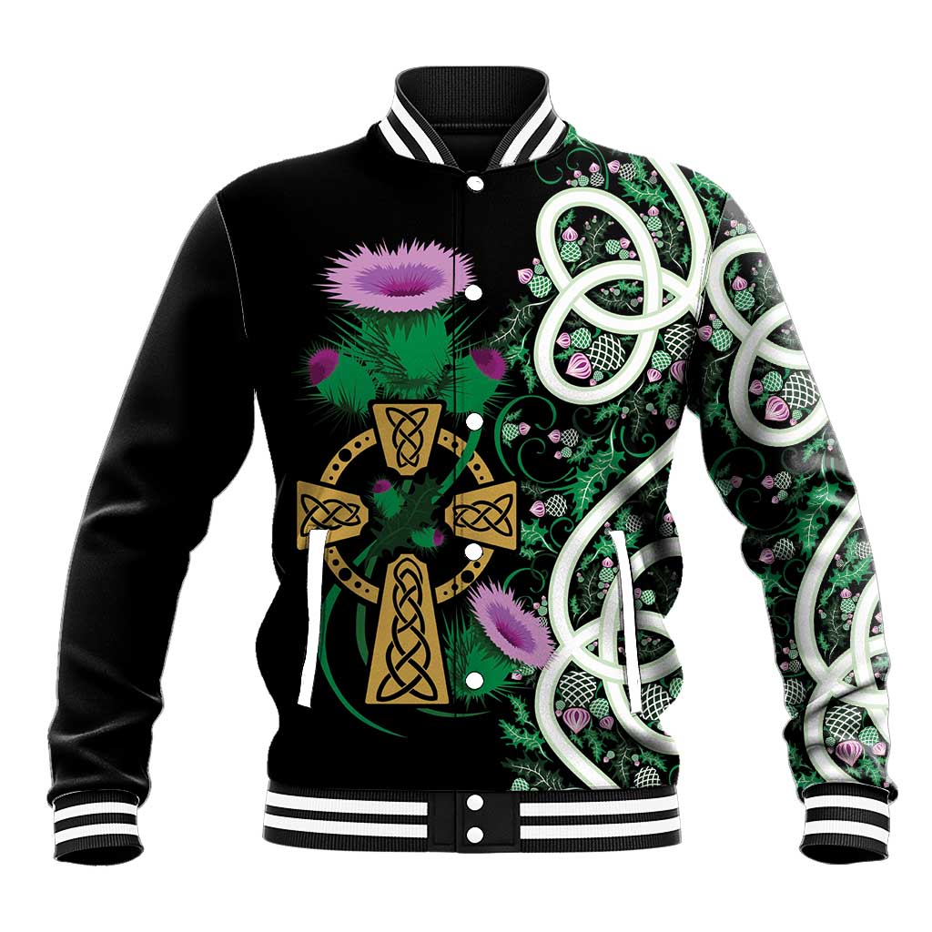 Scottish Celtic Cross Thistle Flowers Baseball Jacket