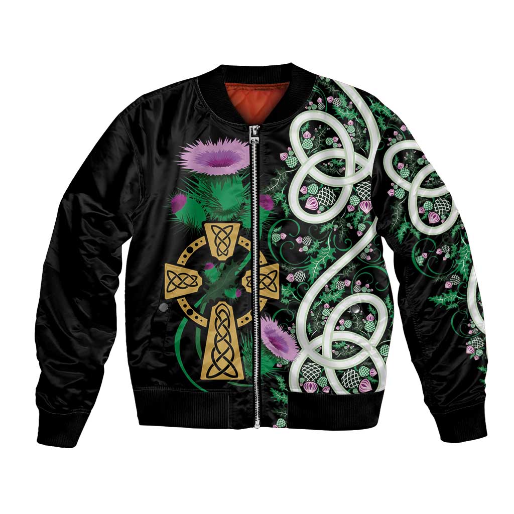 Scottish Celtic Cross Thistle Flowers Bomber Jacket