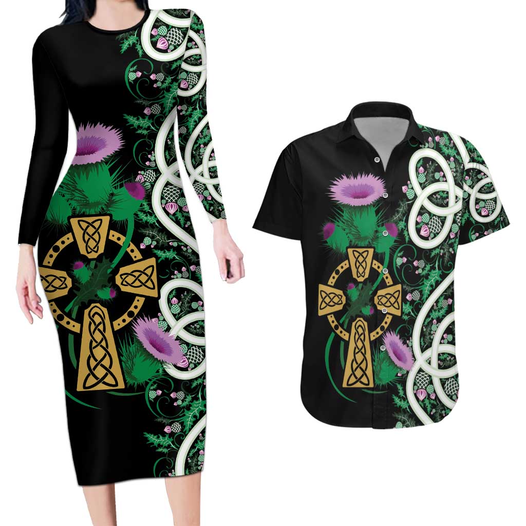 Scottish Celtic Cross Thistle Flowers Couples Matching Long Sleeve Bodycon Dress and Hawaiian Shirt