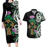 Scottish Celtic Cross Thistle Flowers Couples Matching Long Sleeve Bodycon Dress and Hawaiian Shirt