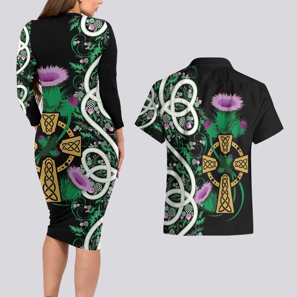 Scottish Celtic Cross Thistle Flowers Couples Matching Long Sleeve Bodycon Dress and Hawaiian Shirt
