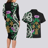Scottish Celtic Cross Thistle Flowers Couples Matching Long Sleeve Bodycon Dress and Hawaiian Shirt