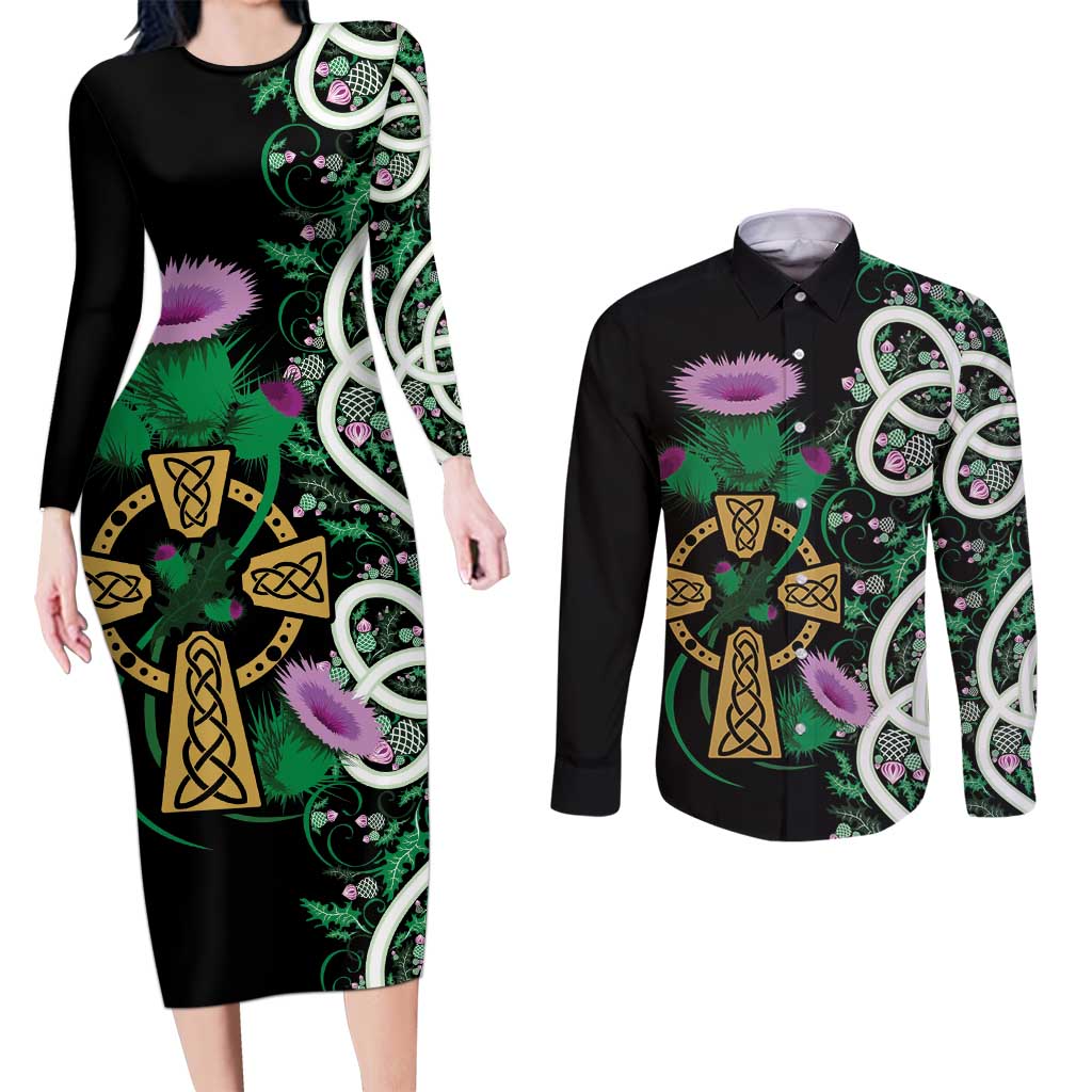 Scottish Celtic Cross Thistle Flowers Couples Matching Long Sleeve Bodycon Dress and Long Sleeve Button Shirt