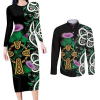 Scottish Celtic Cross Thistle Flowers Couples Matching Long Sleeve Bodycon Dress and Long Sleeve Button Shirt