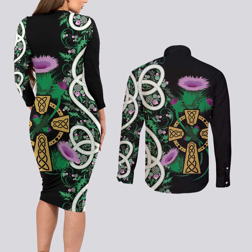 Scottish Celtic Cross Thistle Flowers Couples Matching Long Sleeve Bodycon Dress and Long Sleeve Button Shirt