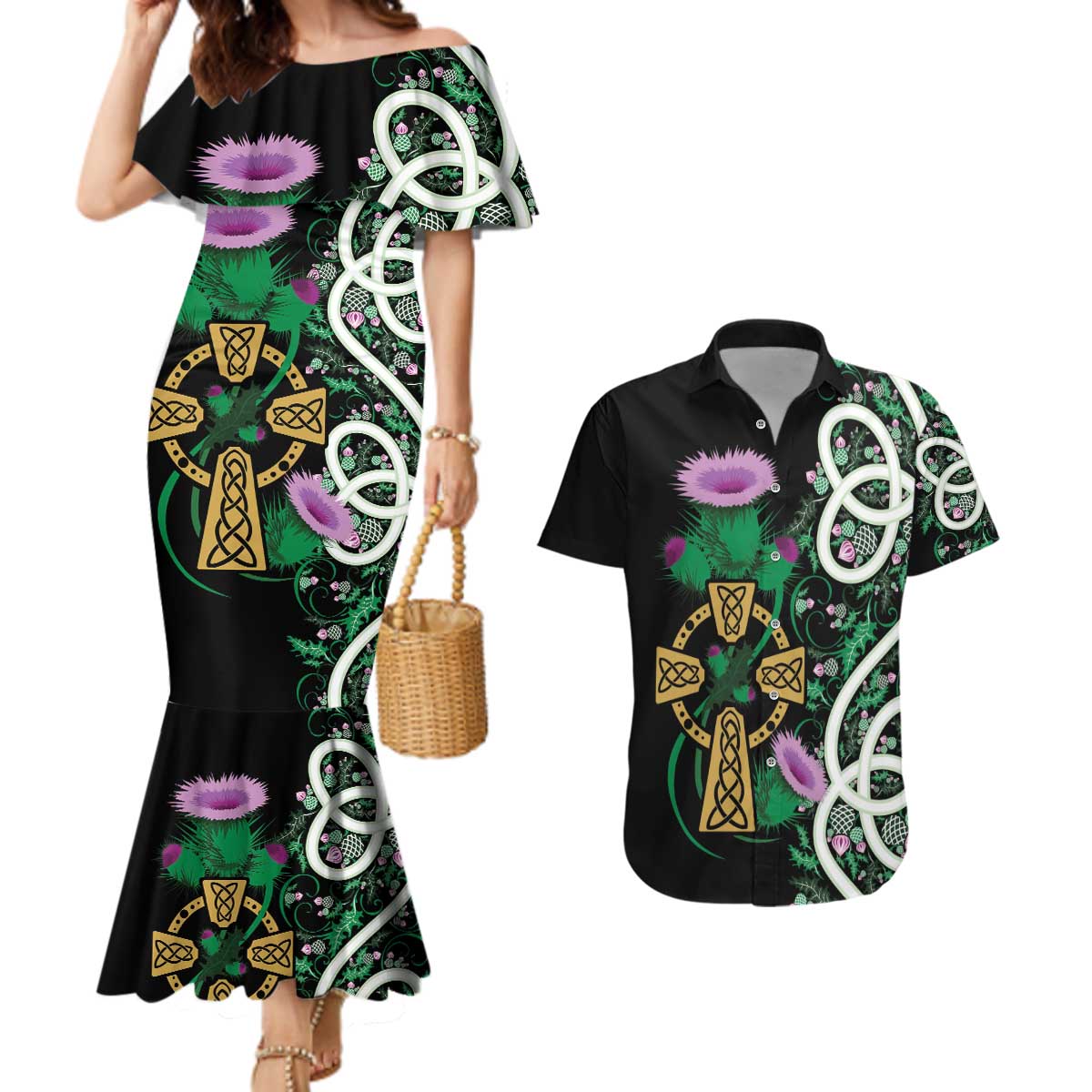 Scottish Celtic Cross Thistle Flowers Couples Matching Mermaid Dress and Hawaiian Shirt