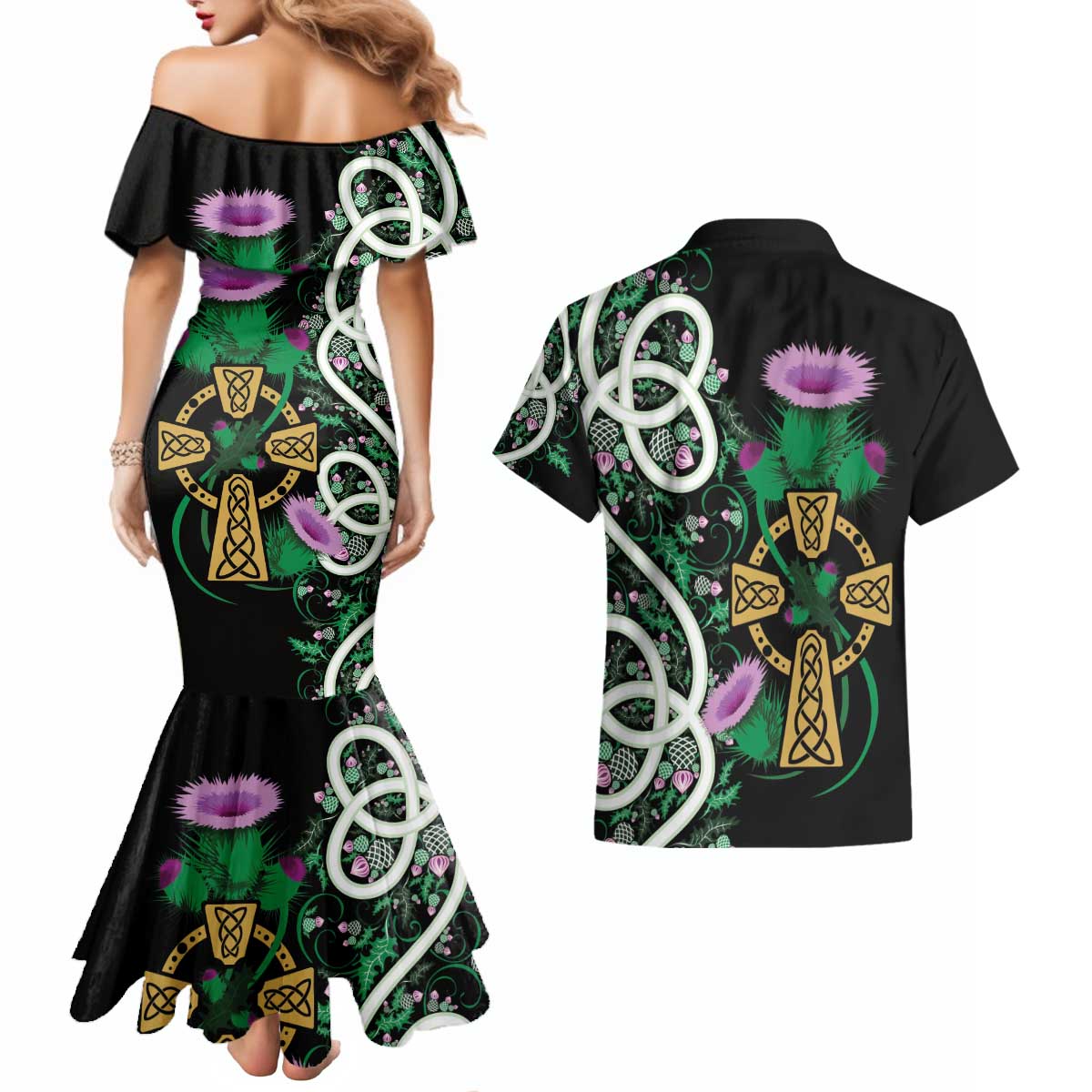 Scottish Celtic Cross Thistle Flowers Couples Matching Mermaid Dress and Hawaiian Shirt