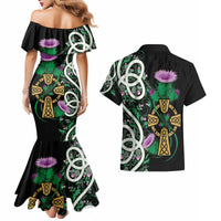 Scottish Celtic Cross Thistle Flowers Couples Matching Mermaid Dress and Hawaiian Shirt