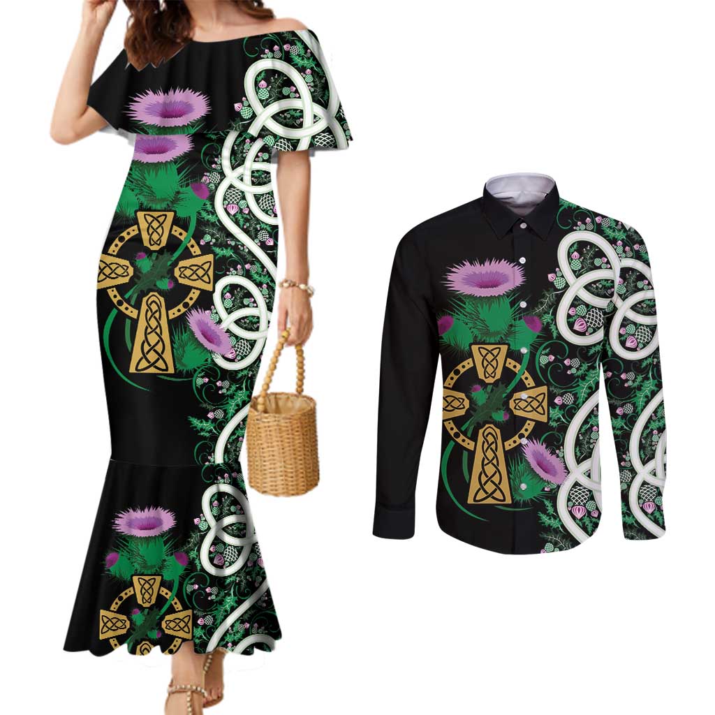 Scottish Celtic Cross Thistle Flowers Couples Matching Mermaid Dress and Long Sleeve Button Shirt