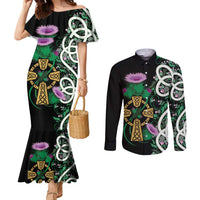 Scottish Celtic Cross Thistle Flowers Couples Matching Mermaid Dress and Long Sleeve Button Shirt