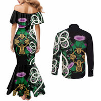 Scottish Celtic Cross Thistle Flowers Couples Matching Mermaid Dress and Long Sleeve Button Shirt