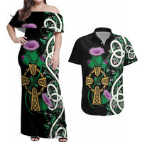 Scottish Celtic Cross Thistle Flowers Couples Matching Off Shoulder Maxi Dress and Hawaiian Shirt