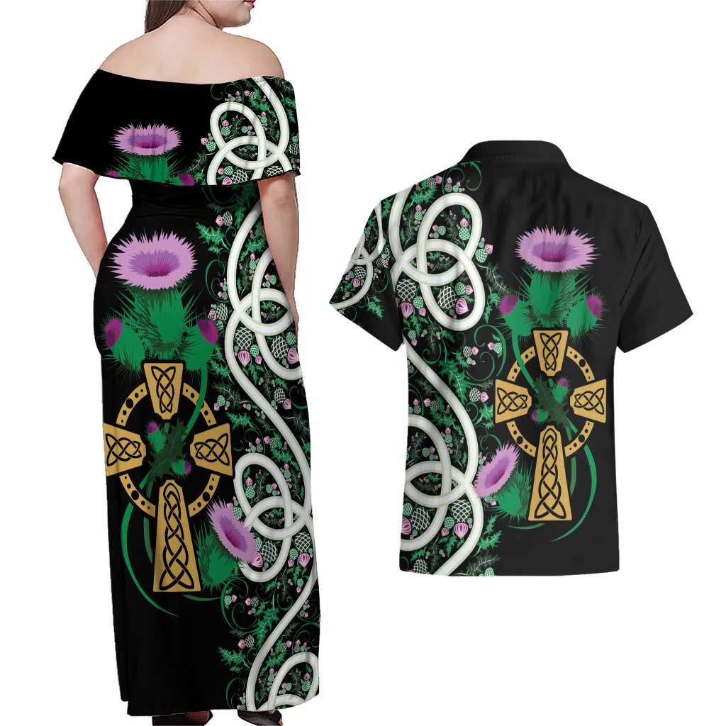 Scottish Celtic Cross Thistle Flowers Couples Matching Off Shoulder Maxi Dress and Hawaiian Shirt