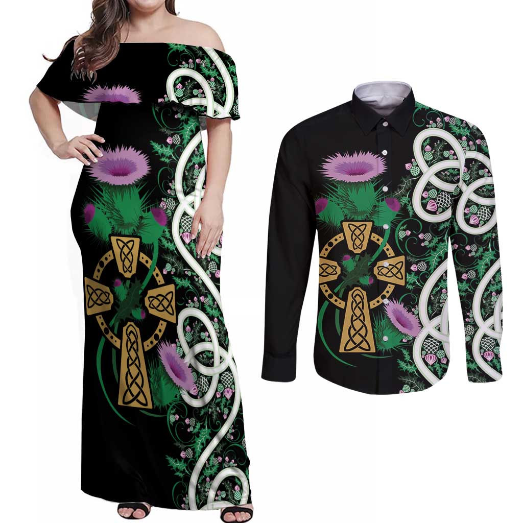 Scottish Celtic Cross Thistle Flowers Couples Matching Off Shoulder Maxi Dress and Long Sleeve Button Shirt