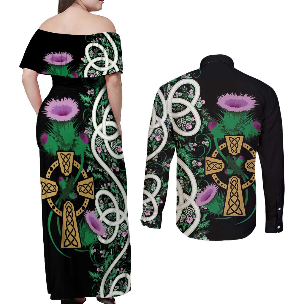 Scottish Celtic Cross Thistle Flowers Couples Matching Off Shoulder Maxi Dress and Long Sleeve Button Shirt
