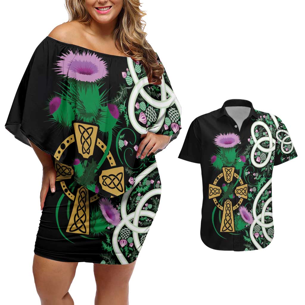 Scottish Celtic Cross Thistle Flowers Couples Matching Off Shoulder Short Dress and Hawaiian Shirt