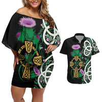 Scottish Celtic Cross Thistle Flowers Couples Matching Off Shoulder Short Dress and Hawaiian Shirt