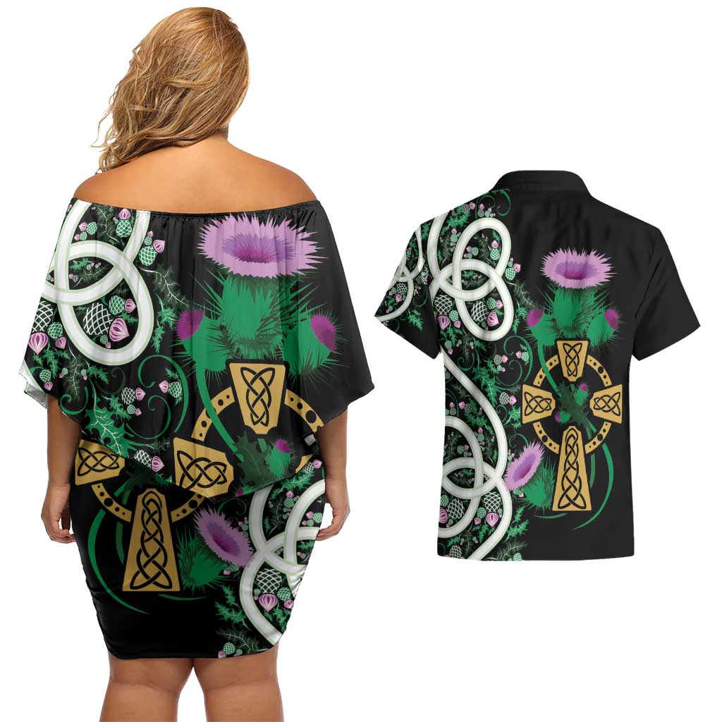 Scottish Celtic Cross Thistle Flowers Couples Matching Off Shoulder Short Dress and Hawaiian Shirt